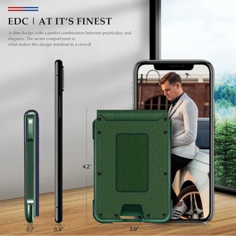 Muradin EDC Wallet Tactical Bifold EDC Metal RFID Blocking in Saffiano Green